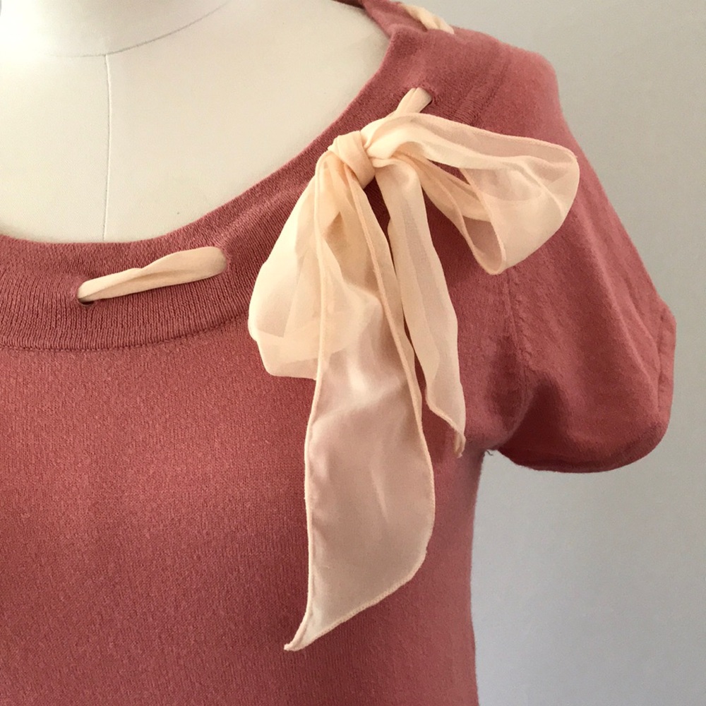 MOTH 1990s Dusty Rose Tie-neck Short Sleeve Sweater